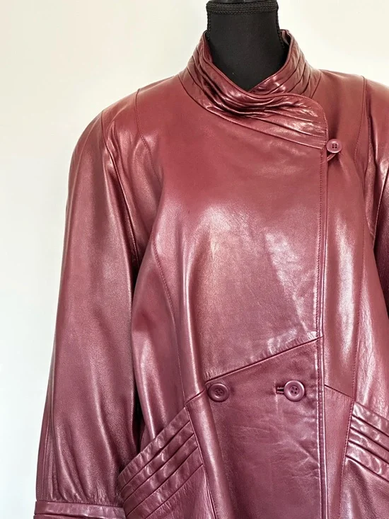 Vintage 1980s Buttery Soft Leather Coat | Funnel Neck | Burgundy - Picture 2 of 12